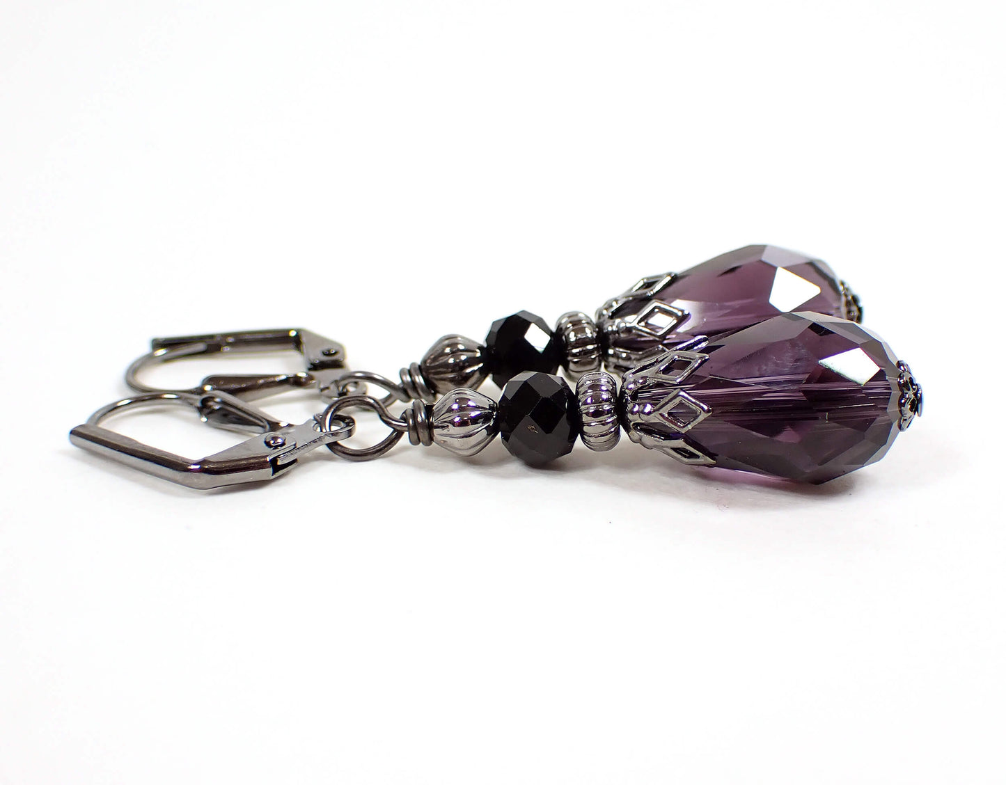 Handmade Purple and Black Teardrop Earrings Gunmetal Hook Lever Back or Clip On