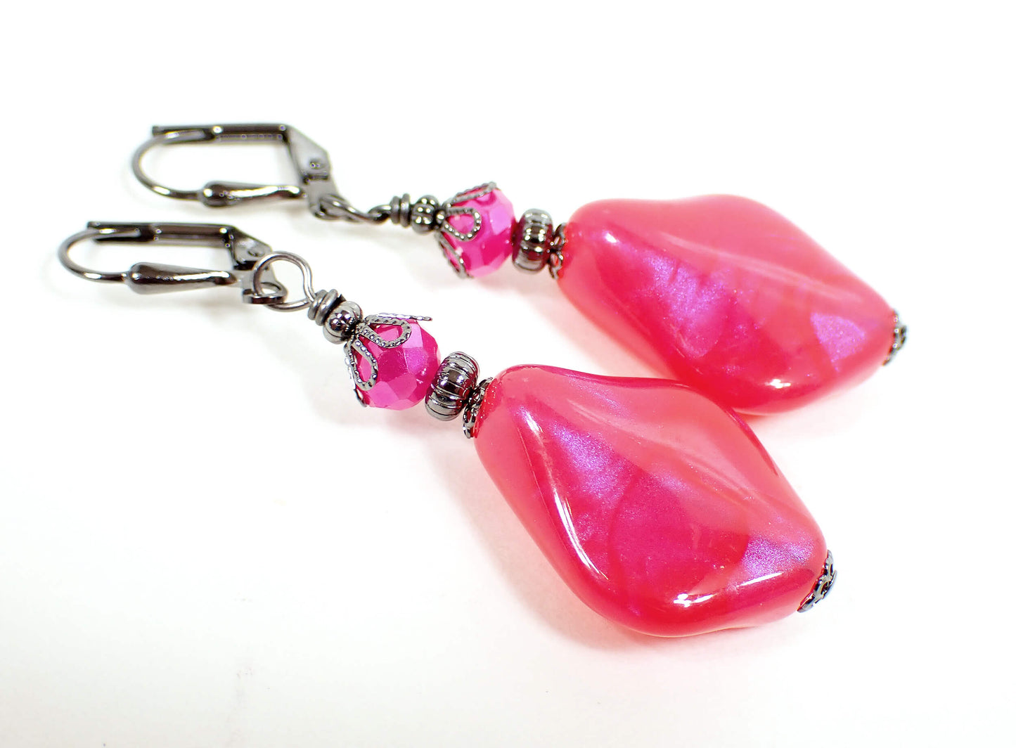 Handmade Color Shift Bright Pink Lucite Earrings Gunmetal Hook Lever Back or Clip On