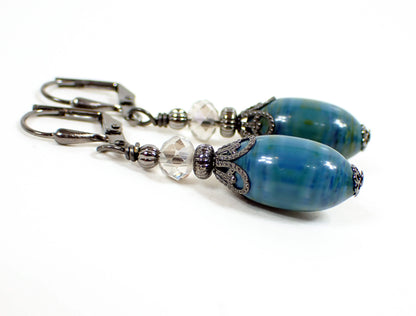 Blue Green Oval Lucite Handmade Drop Earrings Gunmetal Hook Lever Back or Clip On