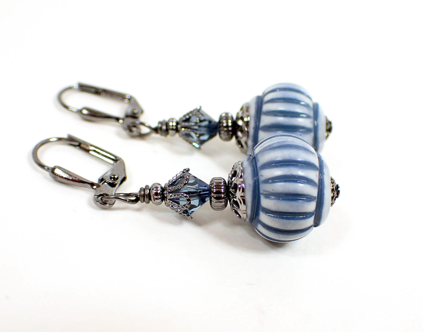 Handmade Blue Striped Lantern Drop Earrings Gunmetal Hook Lever Back or Clip On