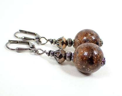 Handmade Sparkly Brown Lucite Galaxy Earrings Gunmetal Hook Lever Back or Clip On