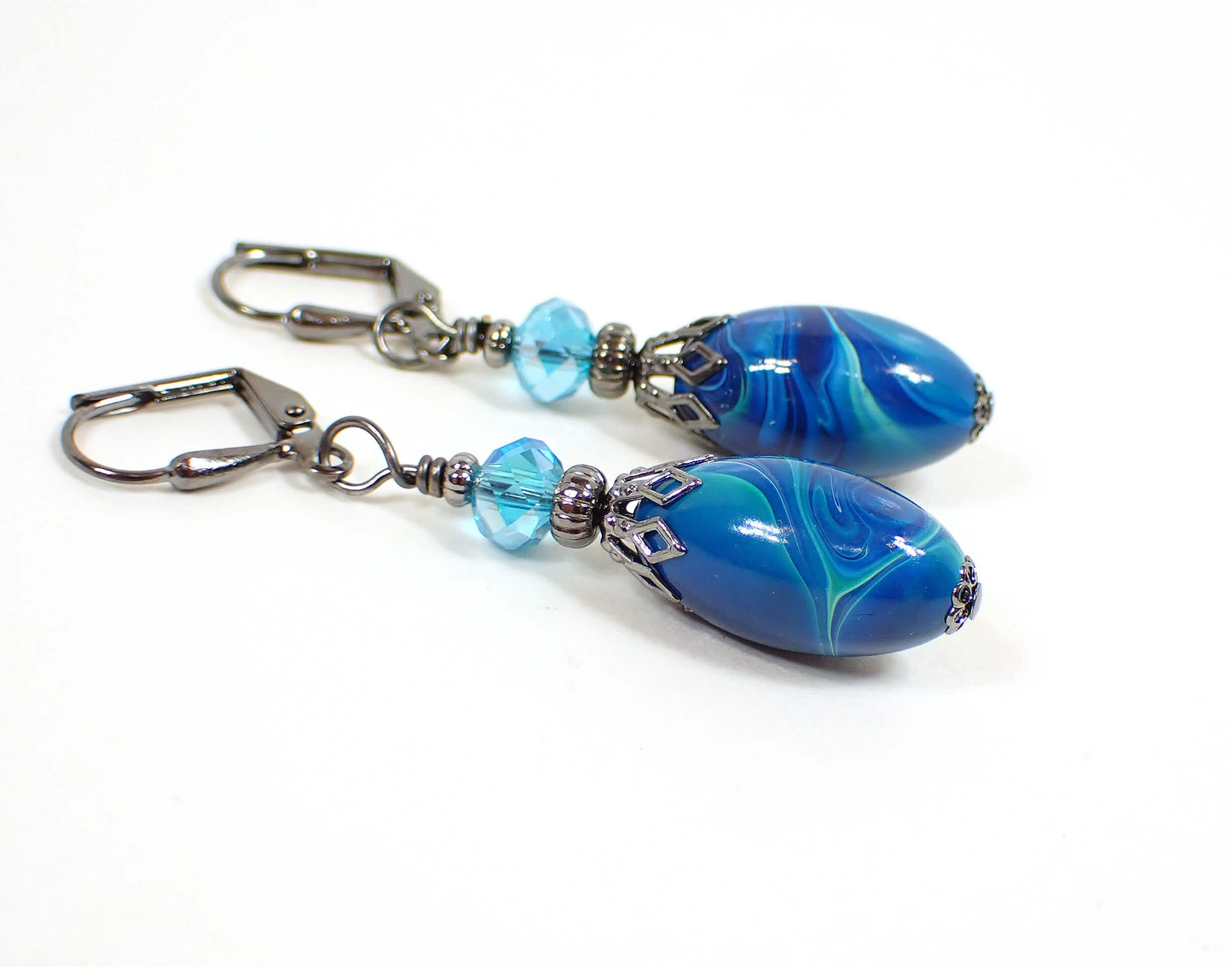 Blue and Green Oval Lucite Handmade Drop Earrings Gunmetal Hook Lever Back or Clip On