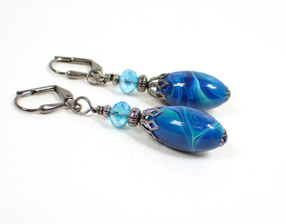 Blue and Green Oval Lucite Handmade Drop Earrings Gunmetal Hook Lever Back or Clip On