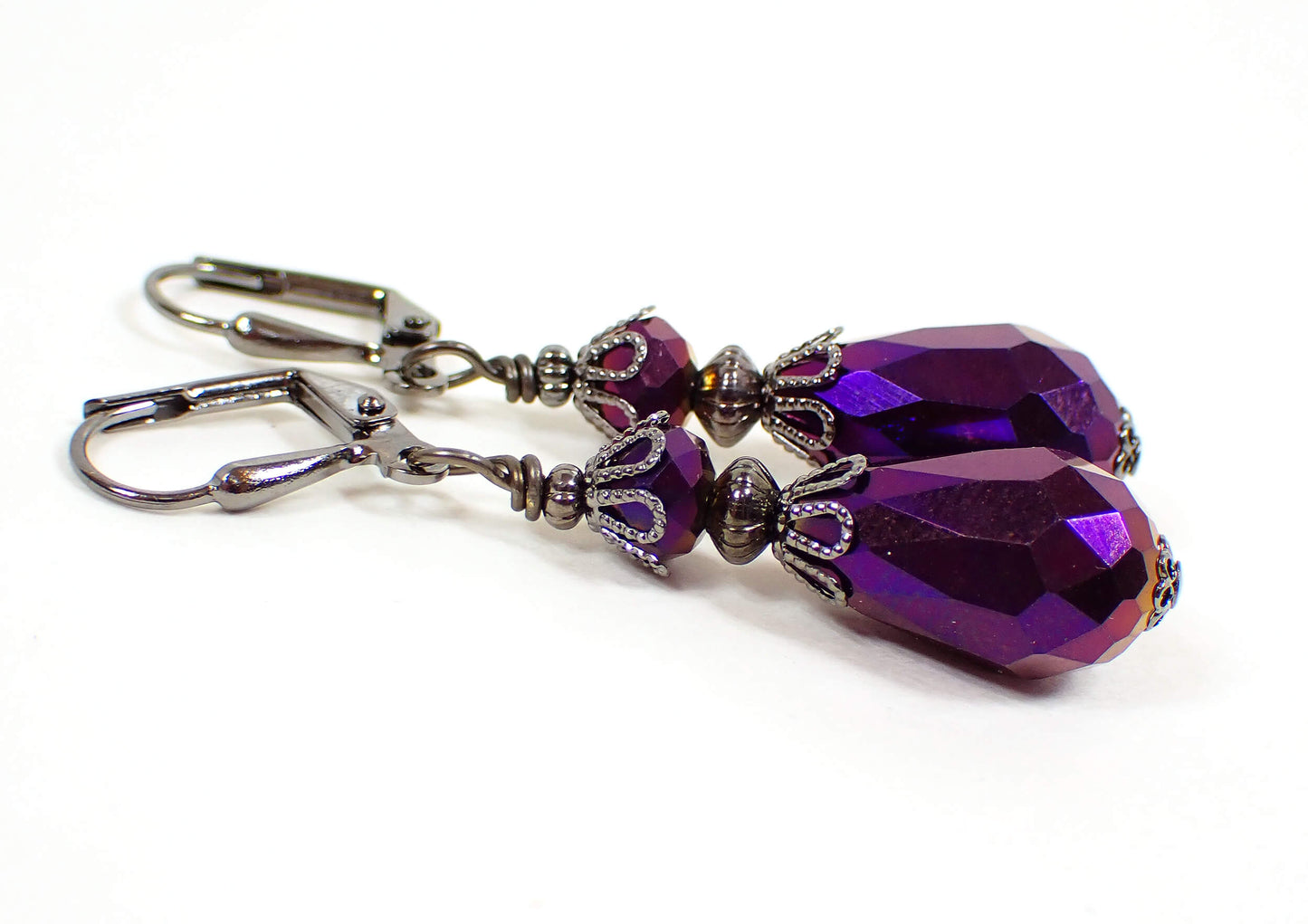 Handmade Metallic Purple Teardrop Earrings Gunmetal Hook Lever Back or Clip On