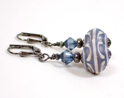 Country Blue Lantern Drop Handmade Earrings Gunmetal Hook Lever Back or Clip On