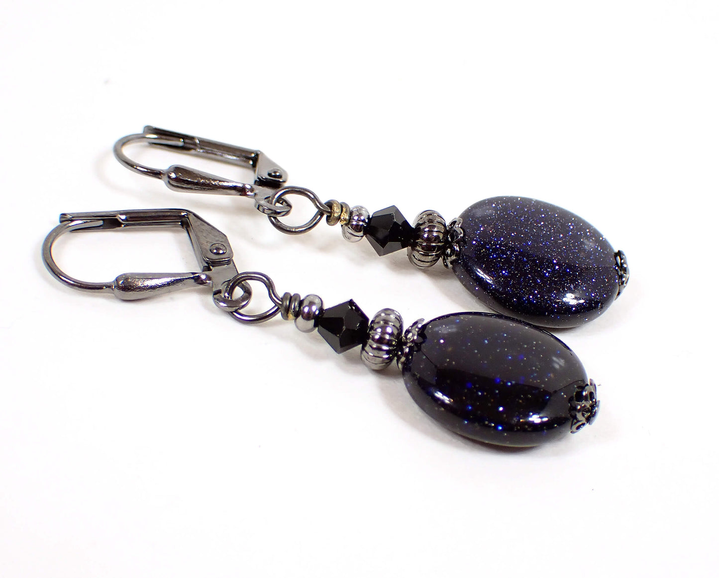 Dark Blue Goldstone Glass Beaded Handmade Drop Earrings Gunmetal Hook Lever Back or Clip On