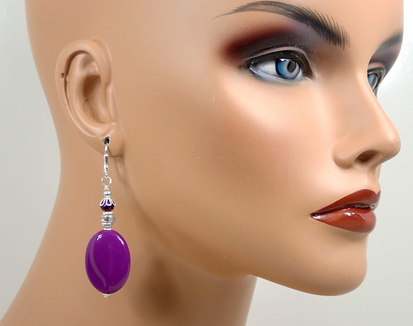 Large Purple Lucite and Rhinestone Handmade Drop Earrings Silver Plated Hook Lever Back or Clip On