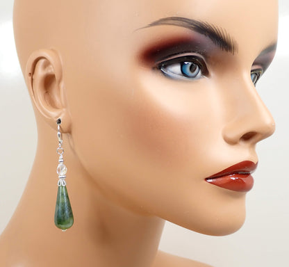 Marbled Green Lucite Handmade Teardrop Earrings Silver Plated Hook Lever Back or Clip On