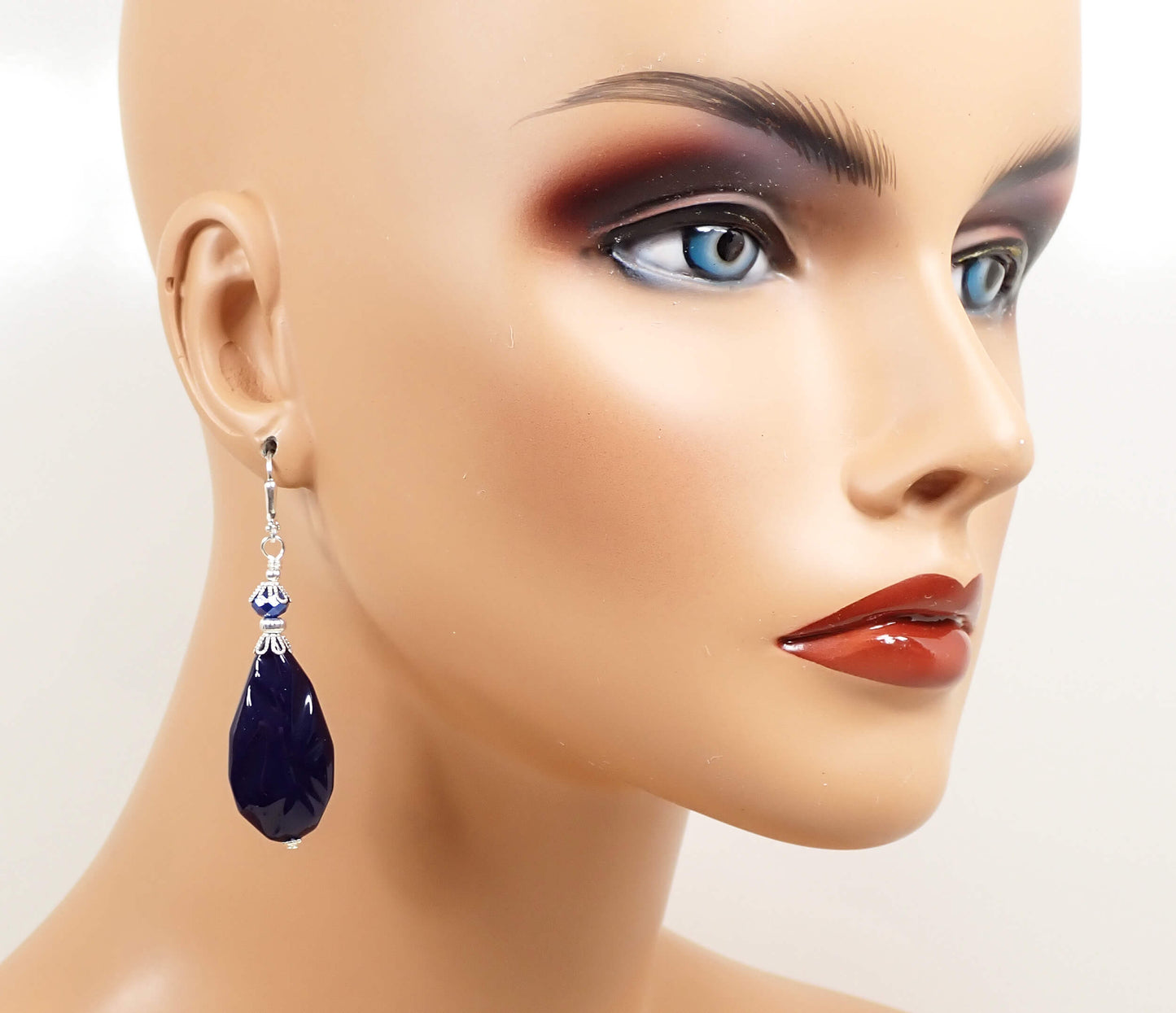 Large Dark Blue Lucite Handmade Teardrop Earrings Silver Plated Hook Lever Back or Clip On