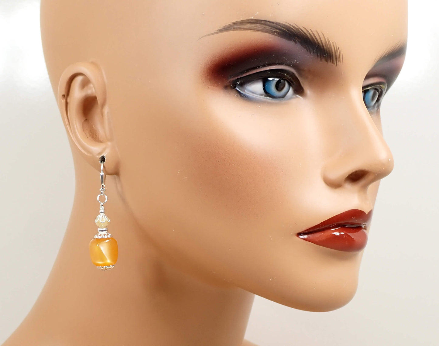 Peach Moonglow Lucite Handmade Drop Earrings, Silver Plated Hook Lever Back or Clip On