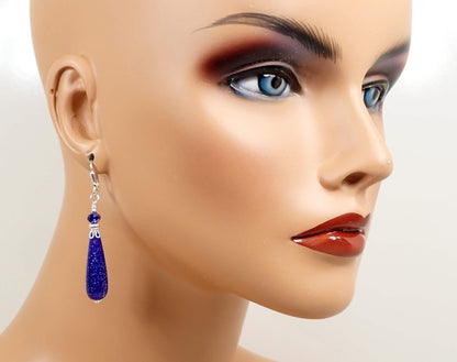 Dark Blue Confetti Lucite Handmade Teardrop Earrings Silver Plated Hook Lever Back or Clip On