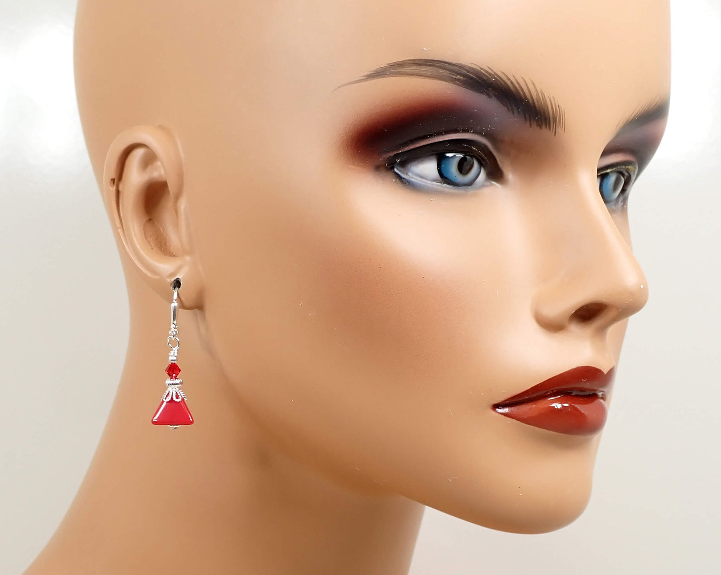 Small Red Lucite Pyramid Triangle Handmade Earrings, Silver Plated Hook Lever Back or Clip On