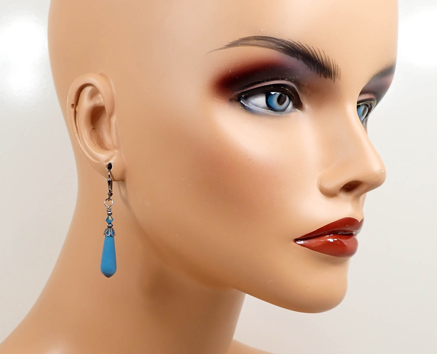 Turquoise Blue Lucite Handmade Teardrop Earrings Gunmetal Hook Lever Back or Clip On