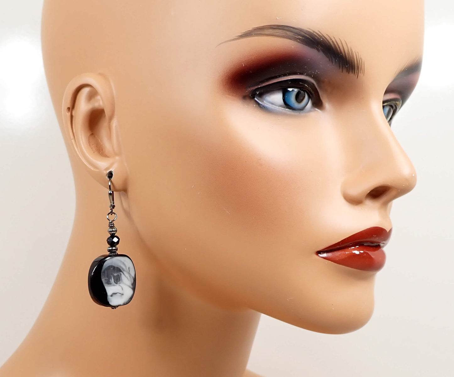 Large Black Gray White Lucite Handmade Earrings Gunmetal Hook Lever Back or Clip On