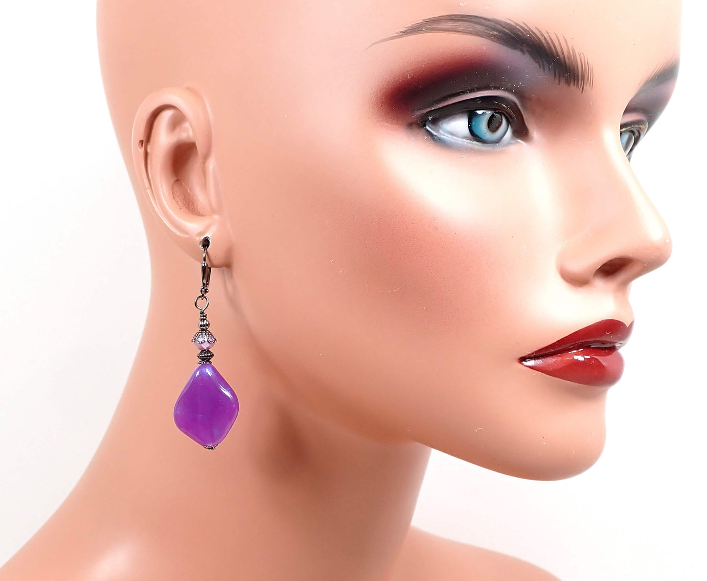 Handmade Color Shift Purple Lucite Earrings Gunmetal Hook Lever Back or Clip On