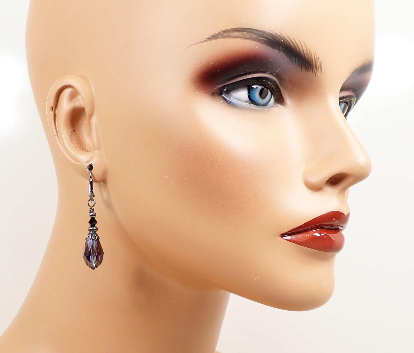 Multi Color Vitrail Glass Crystal Handmade Teardrop Earrings Gunmetal Hook Lever Back or Clip On