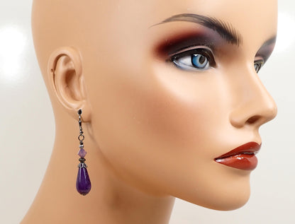 Dark Purple Acrylic Handmade Teardrop Earrings Gunmetal Hook Lever Back or Clip On