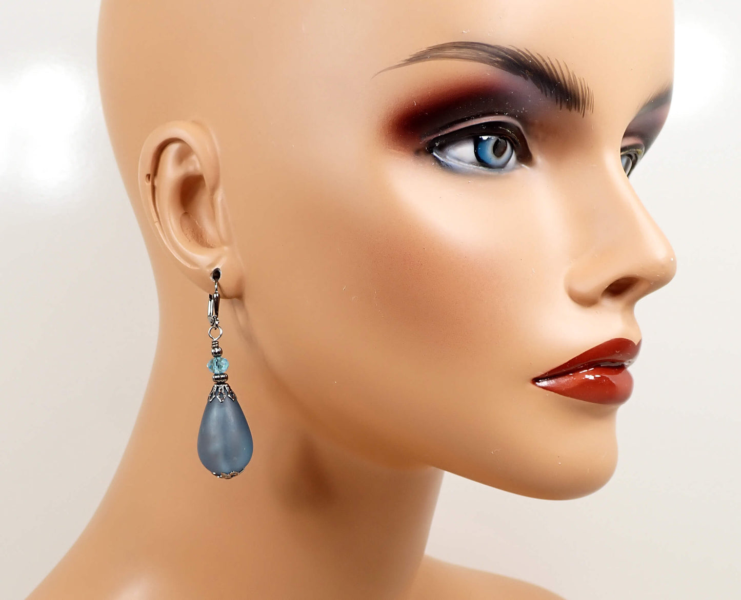 Large Frosted Blue Lucite Handmade Teardrop Earrings Gunmetal Plated Hook Lever Back or Clip On