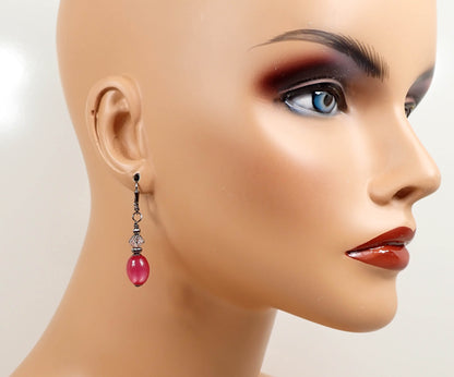 Raspberry Pink Moonglow Lucite Handmade Oval Drop Earrings Gunmetal Hook Lever Back or Clip On