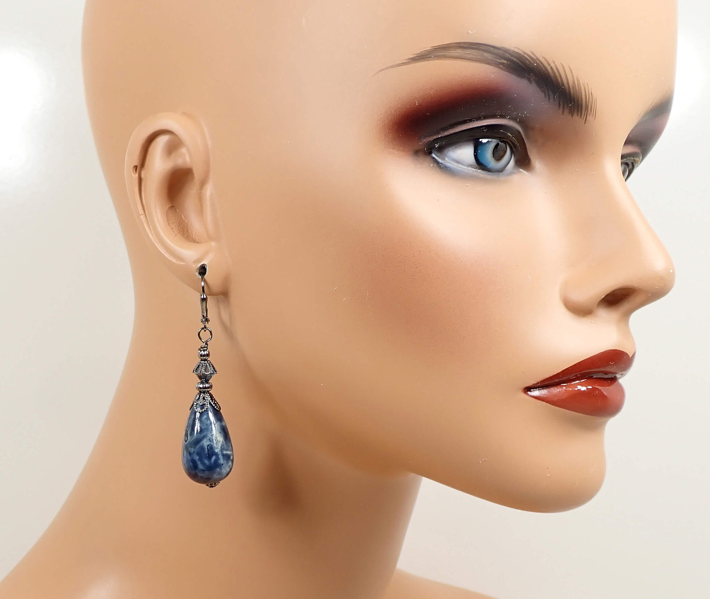 Large Denim Blue Handmade Teardrop Earrings Gunmetal Hook Lever Back or Clip On