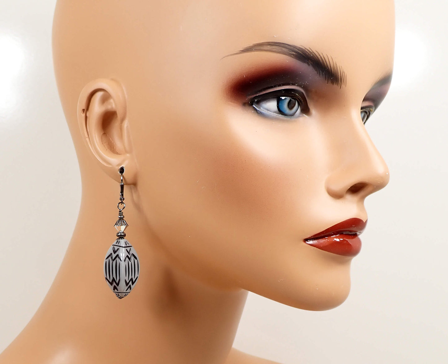 Large Gray Lucite Handmade Drop Earrings with Black Design, Gunmetal Hook Lever Back or Clip On