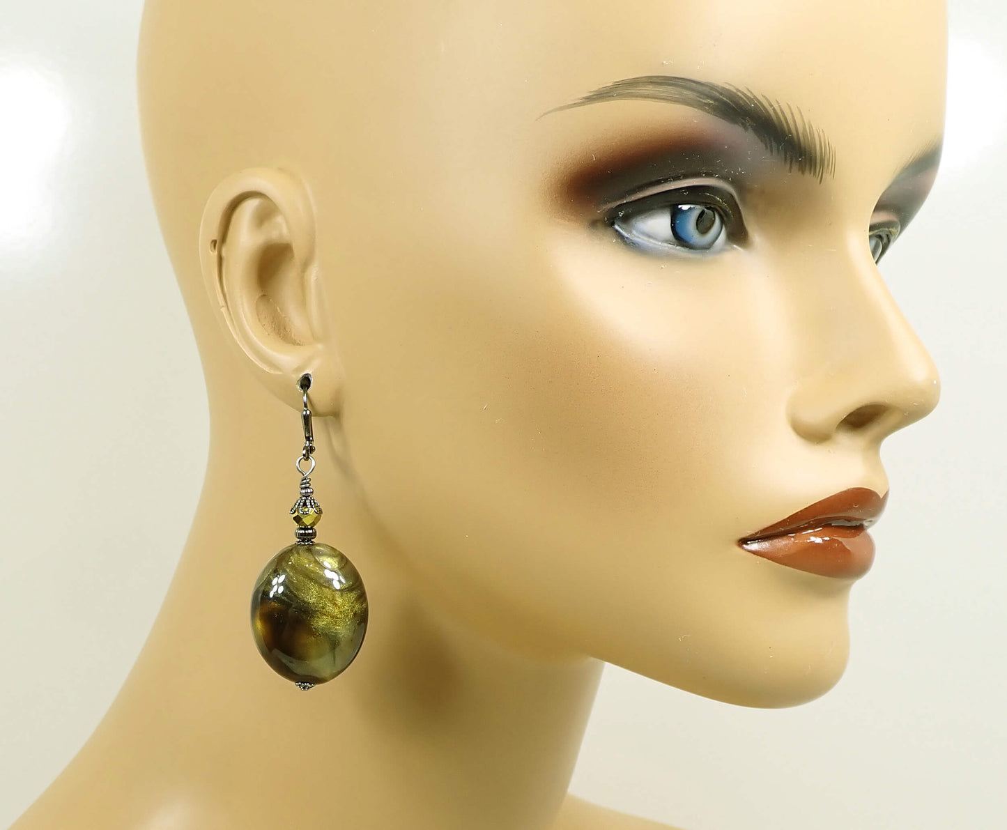 Large Golden Brown and Olive Green Lucite Handmade Oval Drop Earrings Gunmetal Hook Lever Back or Clip On
