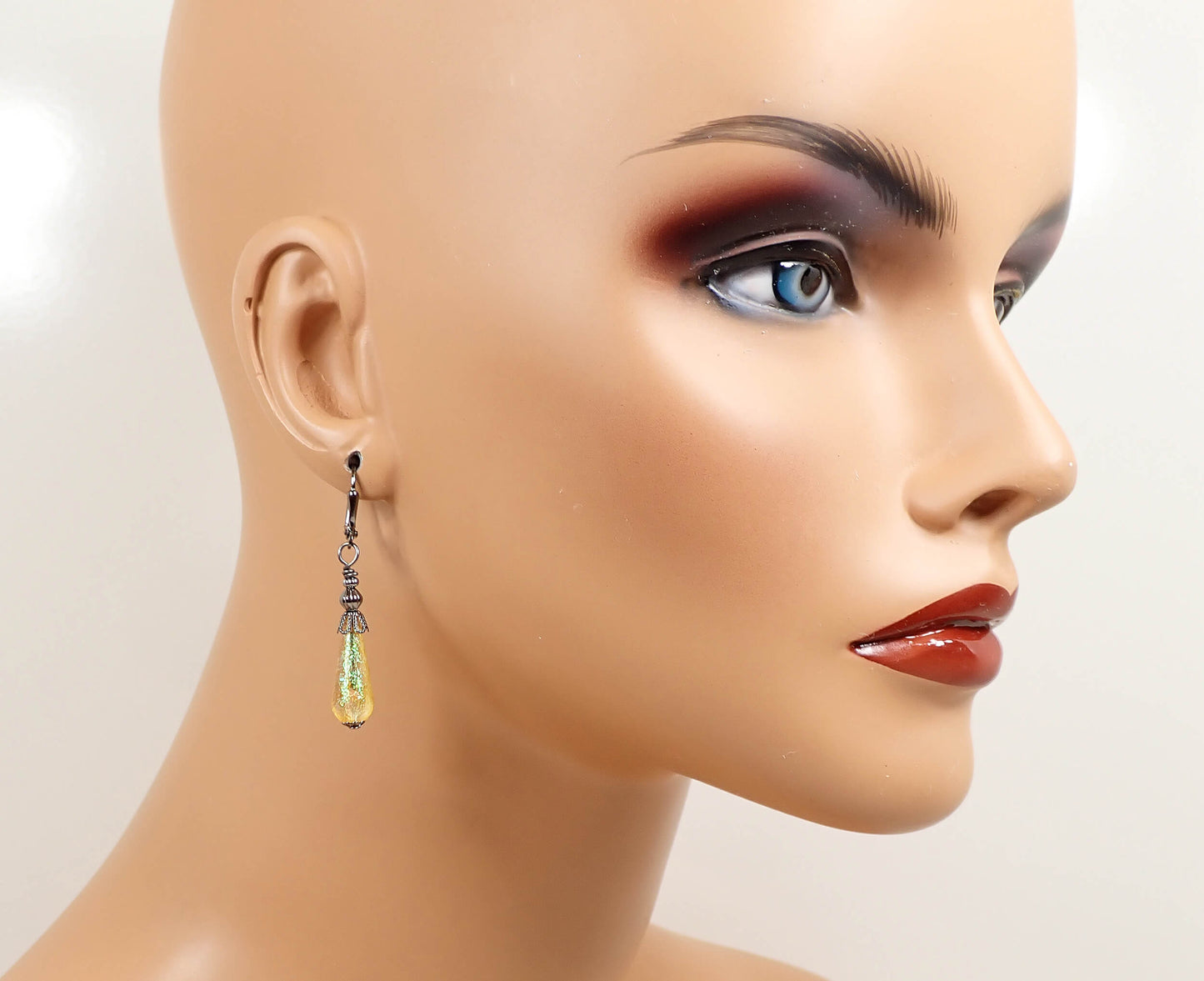 Small Handmade Yellow Glitter Lucite Teardrop Earrings Gunmetal Hook Lever Back or Clip On