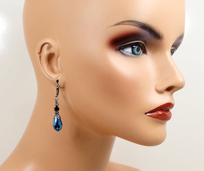 Whimsigoth Handmade Metallic Blue and Black Teardrop Earrings Gunmetal Hook Lever Back or Clip On