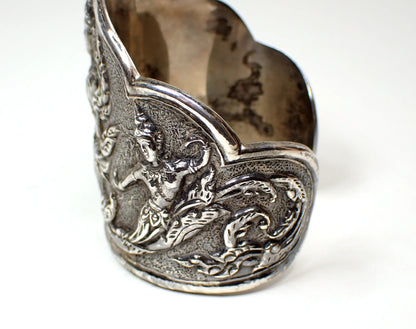 Thai Siam Sterling Silver 1940's Repousse Hindu Goddess Vintage Cuff Bracelet