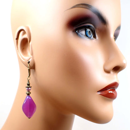Handmade Color Shift Purple Lucite Earrings with Antiqued Brass Hook Lever Back or Clip On