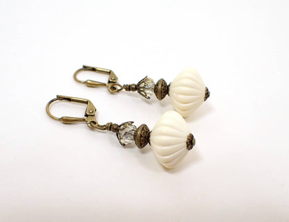 Antiqued Brass Off White Lucite Drop Handmade Earrings Hook Lever Back or Clip On