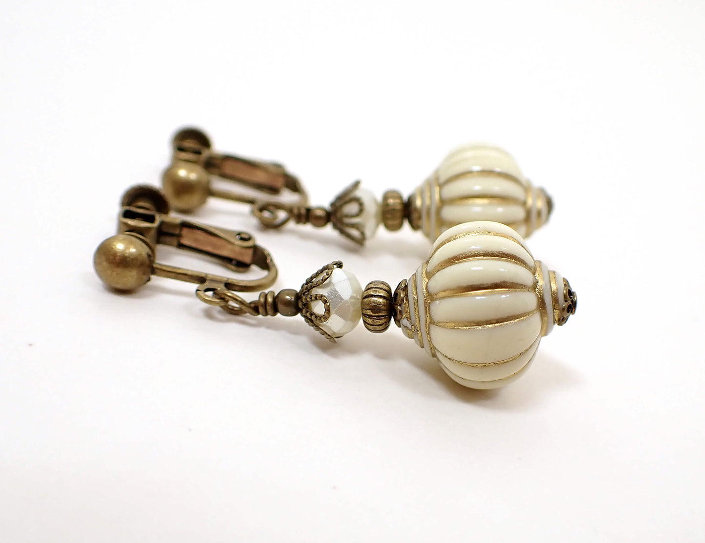 Antiqued Brass Handmade Off White Lantern Drop Earrings Hook Lever Back or Clip On