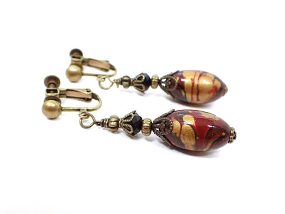 Antiqued Brass Red and Black Oval Lucite Handmade Drop Earrings Hook Lever Back or Clip On