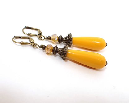 Handmade Antiqued Brass and Yellow Teardrop Earrings Hook Lever Back or Clip On