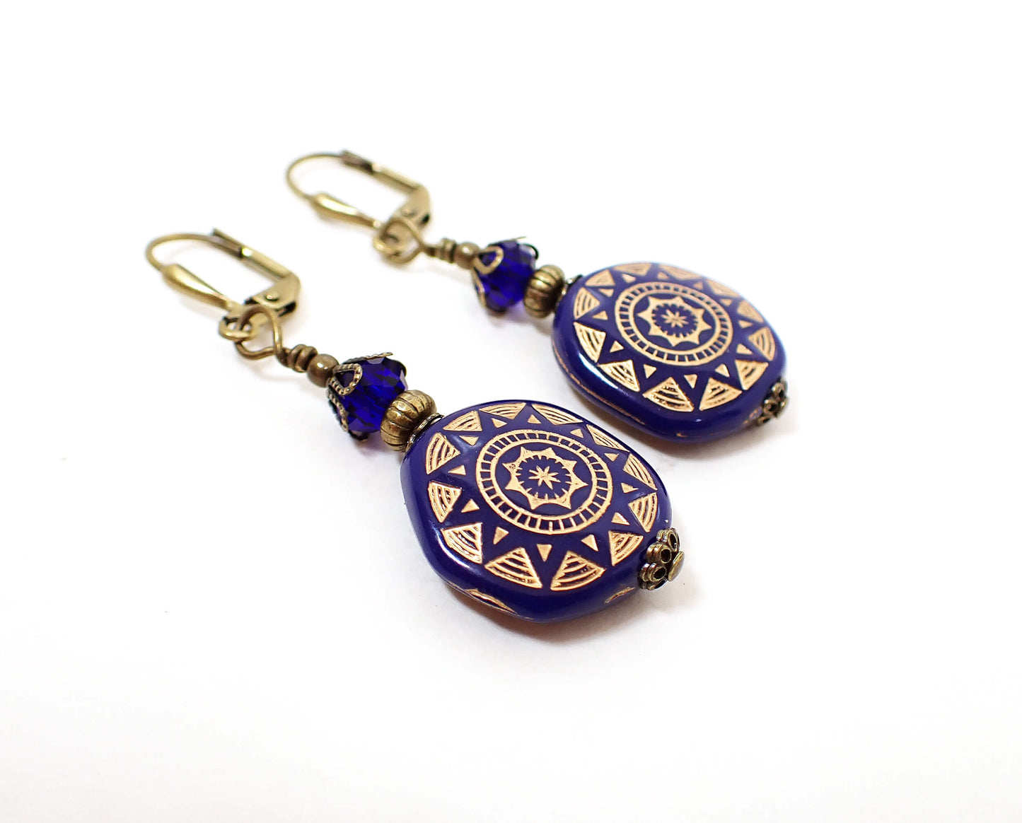 Antiqued Brass Cobalt Blue Handmade Sun Earrings Hook Lever Back or Clip On