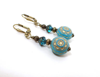 Antiqued Brass Handmade Blue Floral Drop Earrings Hook Lever Back or Clip On