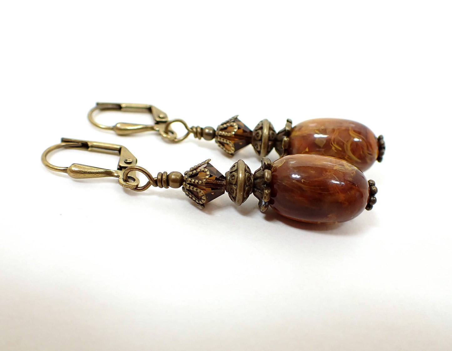 Antiqued Brass Marbled Brown Yellow Orange Oval Handmade Lucite Drop Earrings Hook Lever Back or Clip On