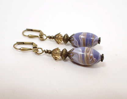 Antiqued Brass Handmade Purple and Brown Lucite Drop Earrings Hook Lever Back or Clip On