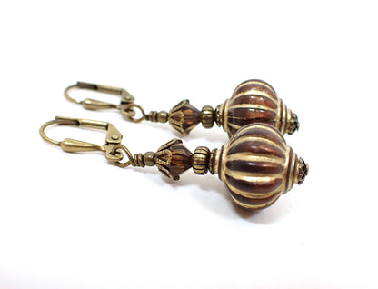 Antiqued Brass Handmade Brown Lantern Drop Earrings Hook Lever Back or Clip On
