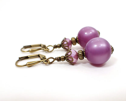 Handmade Purple Moonglow Lucite Drop Earrings with Antiqued Brass Hook Lever Back or Clip On