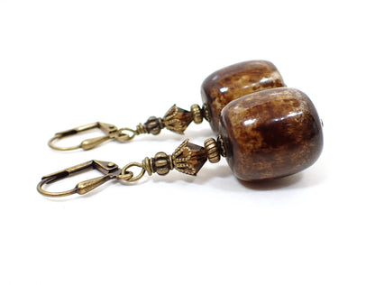 Antiqued Brass Chunky Brown Lucite Handmade Drop Earrings Hook Lever Back or Clip On