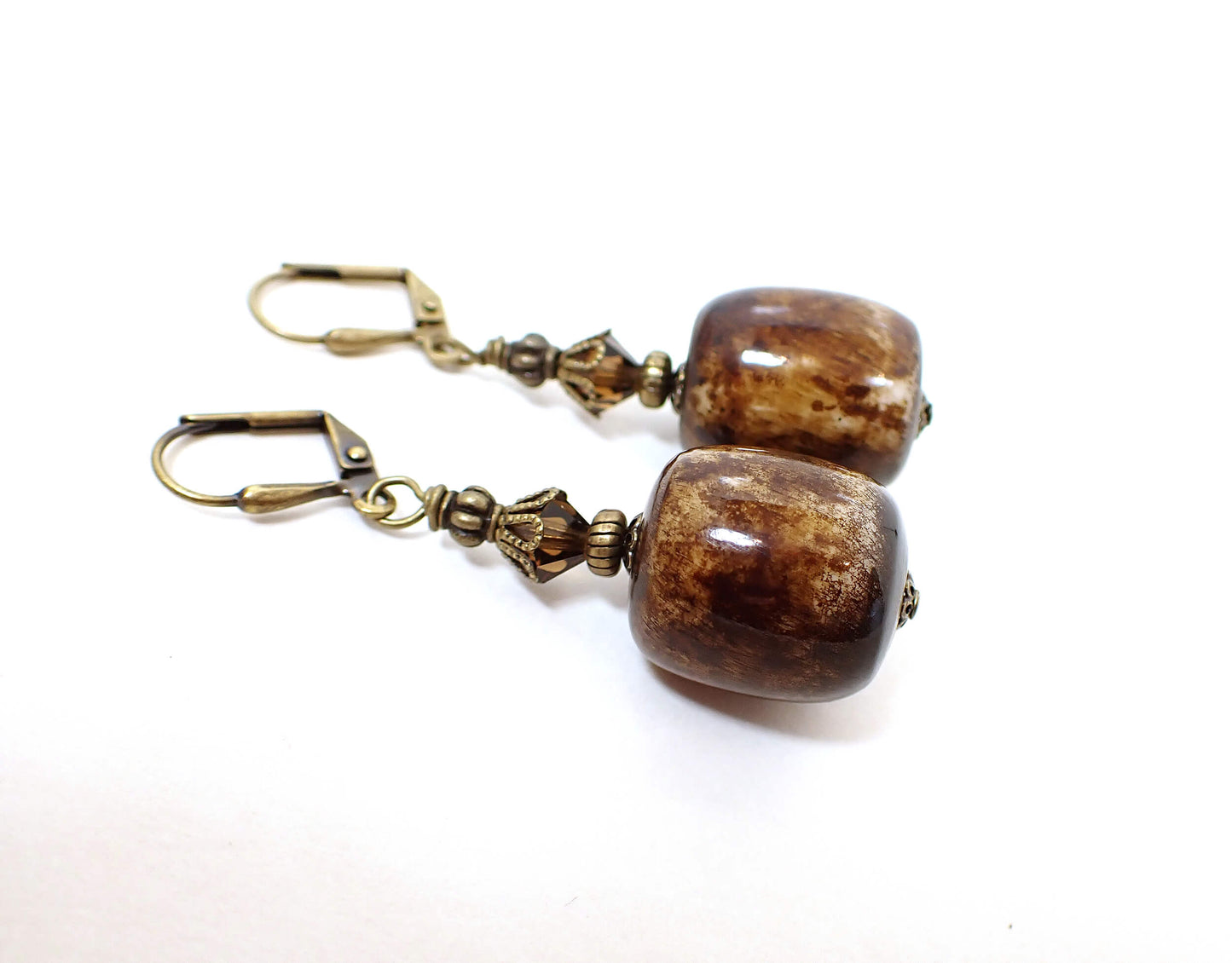 Antiqued Brass Chunky Brown Lucite Handmade Drop Earrings Hook Lever Back or Clip On