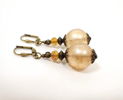 Antiqued Brass with Round Golden Peach Acrylic Drop Handmade Earrings Hook Lever Back or Clip On