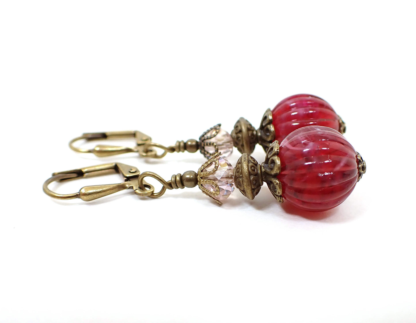 Antiqued Brass Raspberry Lucite Handmade Drop Earrings Hook Lever Back or Clip On