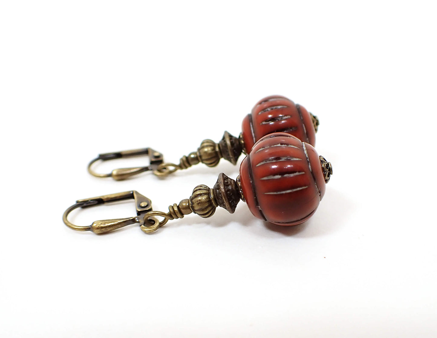 Cinnamon Red Lucite Antiqued Brass Handmade Drop Earrings Hook Lever Back or Clip On