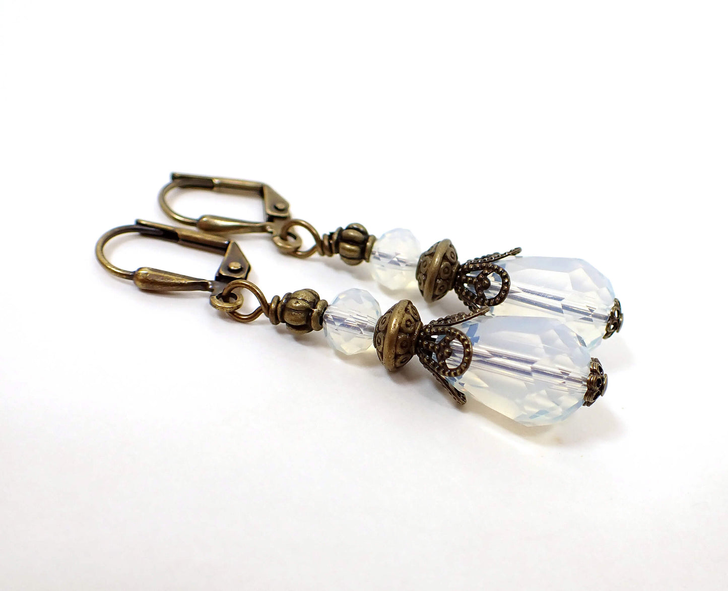 Opal Color Glass Crystal Handmade Teardrop Earrings Antiqued Brass Hook Lever Back or Clip On