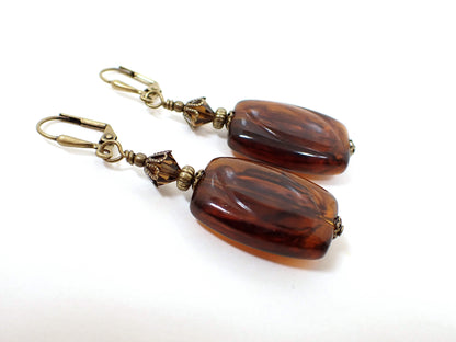 Handmade Marbled Brown Acrylic Drop Earrings Hook Lever Back or Clip On