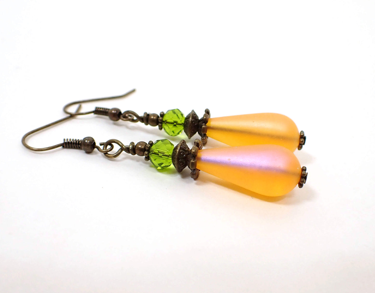 Handmade Frosted Orange and Green Teardrop Earrings Hook Lever Back or Clip On
