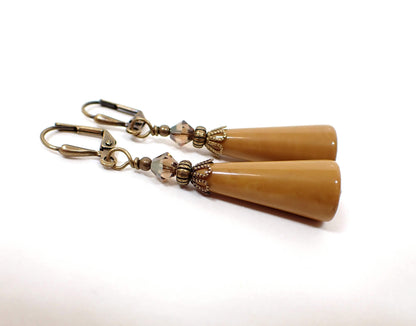 Handmade Antiqued Brass and Light Brown Cone Earrings Hook Lever Back or Clip On