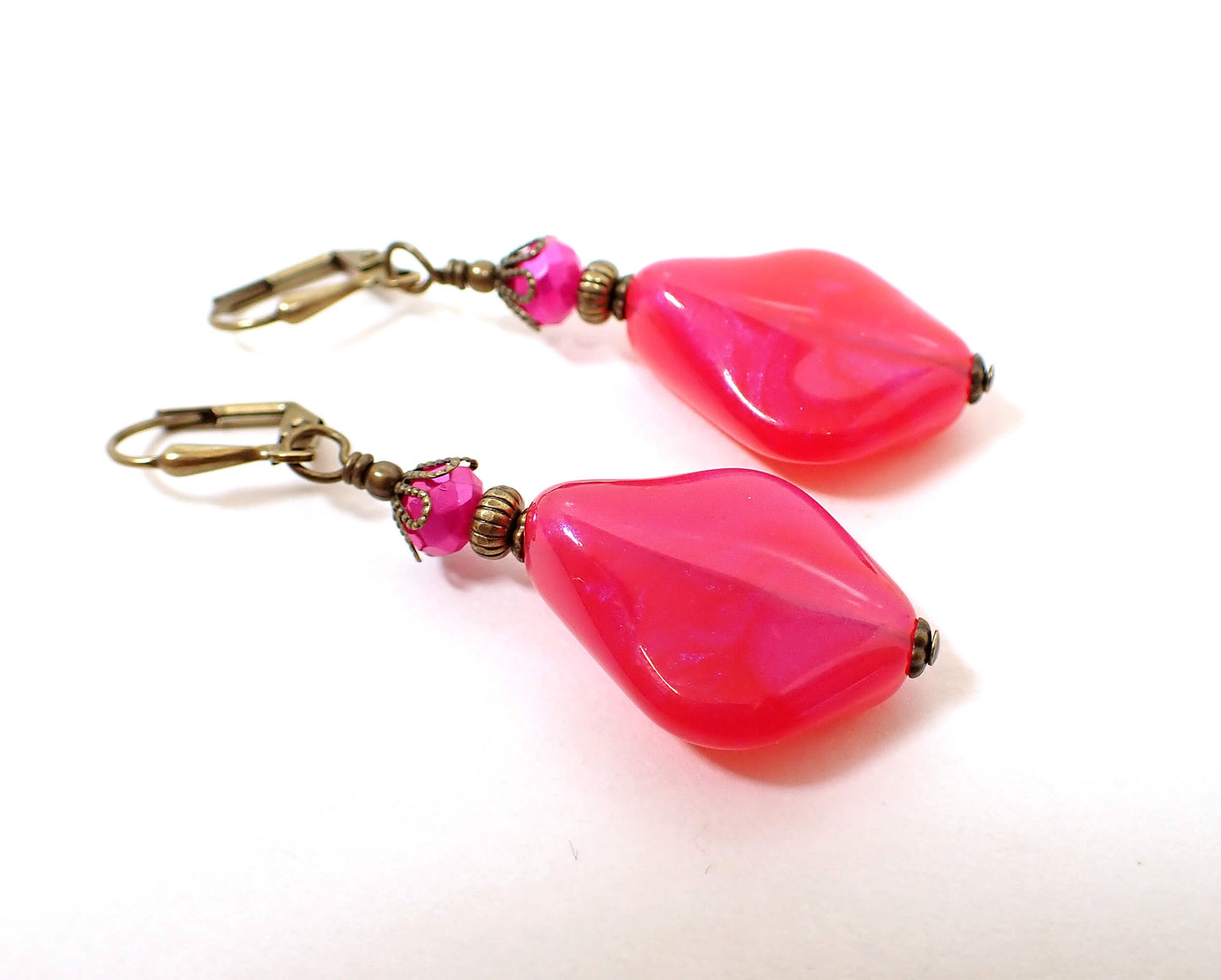 Antiqued Brass Handmade Color Shift Bright Pink Lucite Earrings Hook Lever Back or Clip On